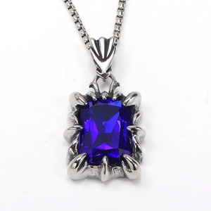 Vintage dragon claw necklace with blue rectangular gemstone and titanium steel chain