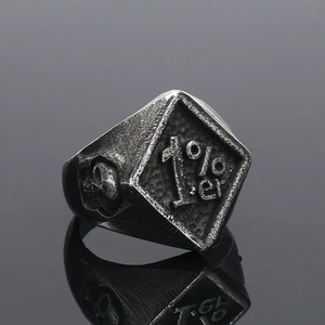 Makrodetail eines Retro-Biker-Rings mit 1%er-Gravur und Totenkopf-Relief aus Titanstahl