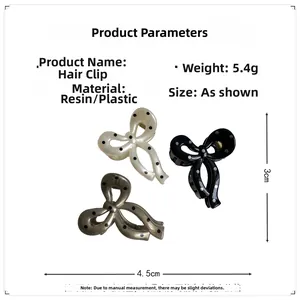 Polka dot bow hair claws in three colors with detailed size and weight specifications