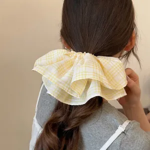 Yellow White Gingham Plaid Scrunchie Large Cotton Fabric Hair Tie Pleated Ruffle Elastic Ponytail Holder Hair Accessories For Women Girls