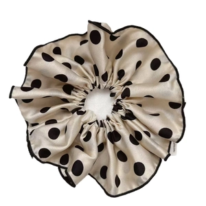 Elegant off-white polka dot satin scrunchie with high elasticity for ponytails