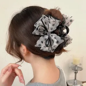 Pince à Cheveux Large Noeud à Pois Organza en Maille Strass Accessoires de Cheveux Élégants Pour Femmes Fête Quotidienne