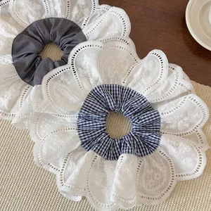 Oversized lace edge hair scrunchies in solid grey and blue gingham patterns