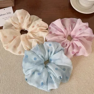 Set di tre elastici per capelli in chiffon a pois in tonalità giallo, viola e blu