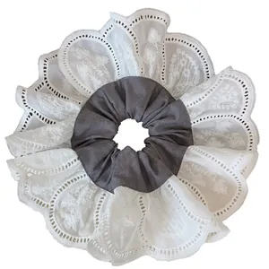 Oversized white lace and grey checkered double-layer scrunchie with floral embroidery