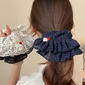 Chouchous à Pois Style Coréen Grands Élastiques Cheveux en Mousseline avec Étiquette Coeur et Volants pour Coiffure Quotidienne Femme