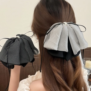 French Vintage Polka Dot Mesh Bow Hair Clip Elegant Large Ponytail Holder With Imitation Artificial Pearl Ribbon For Women Hair Jewelry