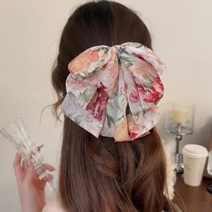 Barrette à Cheveux Queue de Cheval avec Nœud en Maille Florale Romantique Française Fait à la Main Élégant Rose Multicouche pour Femme