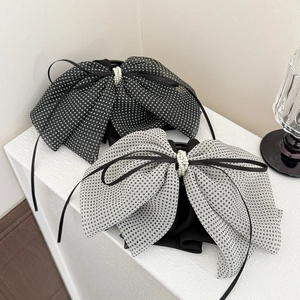 Elegant polka dot mesh bow hair clip set with pearl decor and long ribbons