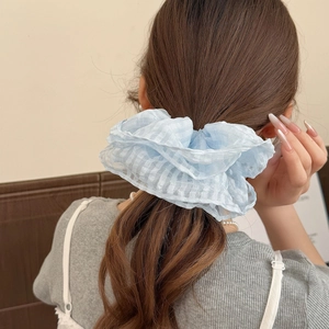 Chouchou en Maille à Carreaux Double Couche Style Coréen Grand Moelleux Plissé Seersucker Attache Cheveux Doux Femme