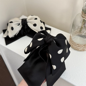 Elegant French style large polka dot bow hair clips with long ribbons in black and white
