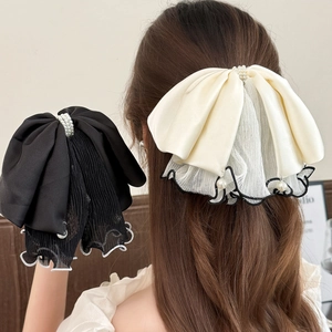 Elegant Mesh Satin Big Bow Hair Clip Pleated Bowknot Shark Clip With Faux Artificial Pearl French Hair Claw For Women Daily Styling