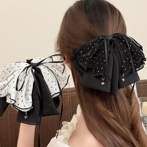 Pince à Cheveux Vintage Française Nœud Oversize pour Femme Pois Maille Volant Mousseline Pince à Queue de Cheval