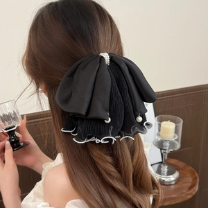 Elegant large black mesh bow hair claw clip with pearls on wavy edge chiffon and satin