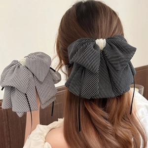 French Elegant Oversized Striped Mesh Bow Hair Clip With Faux Artificial Pearl Fashion Ponytail Spring Clip For Women Hair Accessory