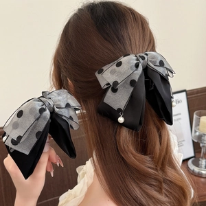 Elegant Double Layer Polka Dot Bow Hair Clip With Artificial Pearl Pendant Mesh Satin Hair Accessories For Women Sweet Banana Clip