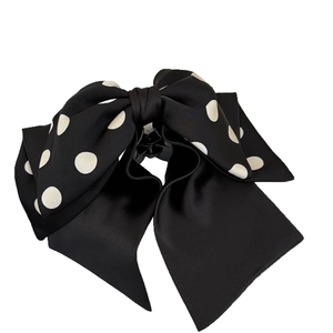 French style polka dot bow hair claw clip with long black ribbons for women