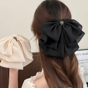 Handmade Large Mesh Bow Hair Clip For Women Elegant Rhinestone Ponytail Clip Fashion Chiffon Texture Bowknot Hair Accessory