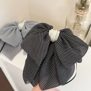 Elegant French striped mesh hair claw with large bow and pearl accents for women