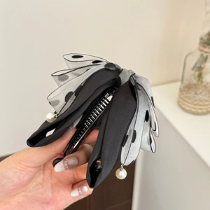 Elegant grey polka dot bow banana hair clip with pearls for high ponytail hairstyles