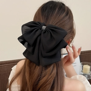 Elegant large black tulle bow hair claw clip with sparkling rhinestones for women