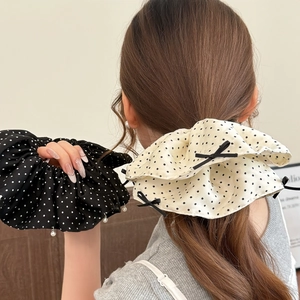 Large Polka Dot Scrunchie Sweet Ruffled Hair Tie With Artificial Pearl And Bow Decoration Fabric Hair Band For Women Jewelry