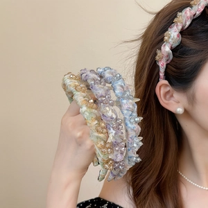 Sweet Floral Mesh Rhinestone Headband For Women Non-slip Teeth Handmade Twist Hair Band Fashionable Hair Accessories