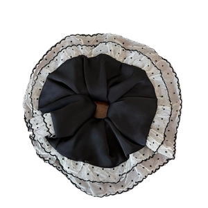 Polka dot layered mesh scrunchie with lace trim and black elastic core for ponytails