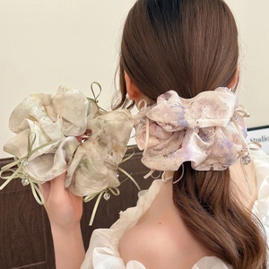 Korean Style Sweet Floral Organza Scrunchie Ribbon Bow Crystal Bead Pendant Romantic Oversized Hair Ties For Women Hair Accessories