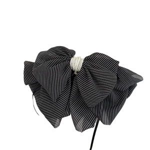 Elegant striped mesh bow hair clip with luxury pearl centerpiece for women