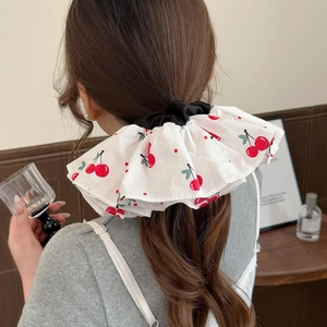 Sweet Cherry Print Pleated Fabric Scrunchie Large Hair Tie Elastic Hair Band Decorative Ponytail Holder For Women Daily Styling