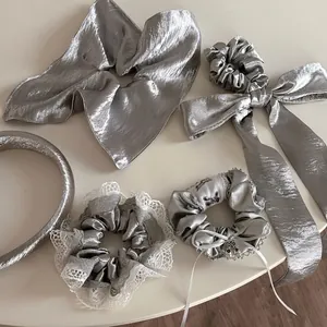 Silver Metallic Luster Fabric Scrunchie Retro Bow Lace Hair Ribbon Handmade Fashion Headband For Women Hair Accessories