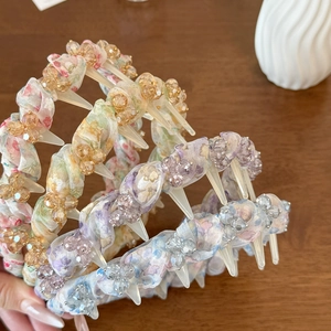 Floral fabric headbands with sparkling crystal flowers and non-slip teeth for women