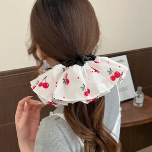 Sweet cherry print large ruffled scrunchie with elastic hair band for high ponytail