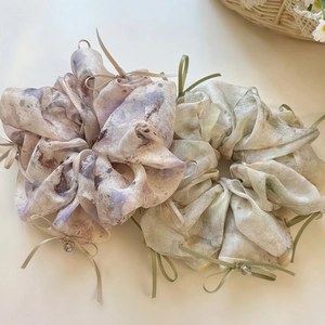 Floral organza scrunchies with silk texture, ribbon bows and crystal bead charms