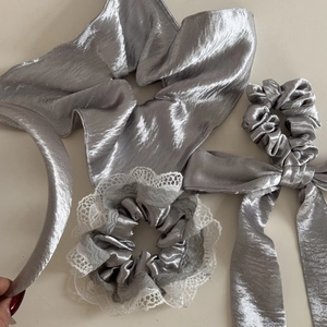 Silver metallic fabric hair accessory set including headband and lace scrunchies