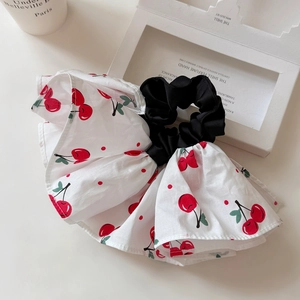 Black and white cherry print scrunchie with high elasticity for sweet hairstyling