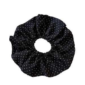 Sweet black and white polka dot pleated scrunchie with oversized ruffles and elegant elastic band