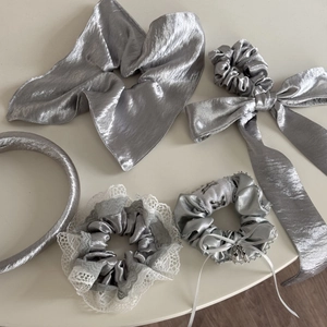 Silver metallic fabric scrunchies and headband set with lace edges and ribbon bows