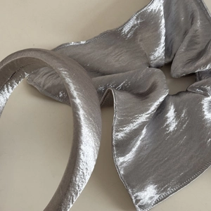Silver metallic fabric headband and large scrunchie set with pleated texture detail