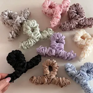 Large Satin Pleated Fabric Wrapped Hair Claw Clip Ruffled Elegant Shark Clip For Women Korean Style Hair Accessories