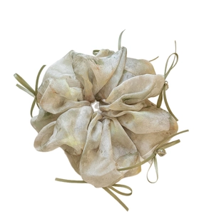 Oversized organza floral scrunchie with green ribbon bows and transparent beads