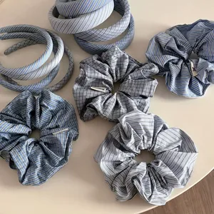 Ensemble de Chouchous et Serre-tête en Tissu à Rayures et Carreaux Bleus Style Preppy Accessoires de Cheveux Coréens pour Femmes Filles