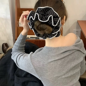 Elegant black and white polka dot oversized scrunchie with layered ruffle edge for women