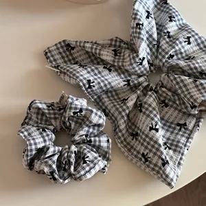 Chouchou à Nœud Écossais Noir Et Blanc Style Preppy Attache Cheveux en Tissu Doux Anneau Cheveux Gros Intestin pour Femme Fille