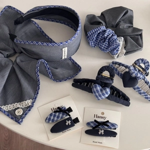 Detailed set of blue lace and plaid hair accessories with scrunchies and headbands