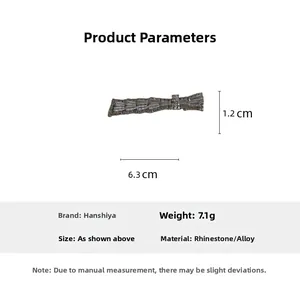 Detail shot of rhinestone bow hair clip showing 6.3cm length and 1.2cm width dimensions