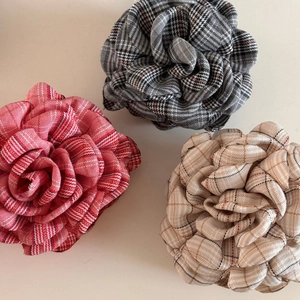 British style plaid rose hair clips in red, grey, and beige tartan patterns for women