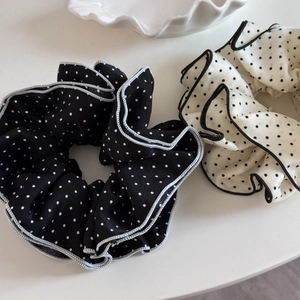 Elegant set of black and white polka dot chiffon scrunchies with pleated ruffle edges