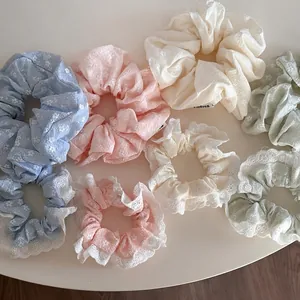 Fresco Floral Encaje Tela Coleteros Hecho a Mano Dulce Plisado Grande Elástico Cabello Lazos para Mujeres Adolescentes Decoración
